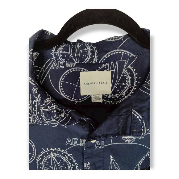 American Eagle Mens Button Up, Blue Sailboat and Compass Design XL - Picture 6 of 6